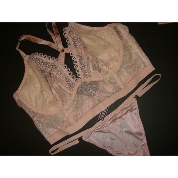 Victoria's Secret unlined 34D,36C BRA SET+TEDDY+ROBE PINK beige lace EMBROIDERED - Picture 6 of 9